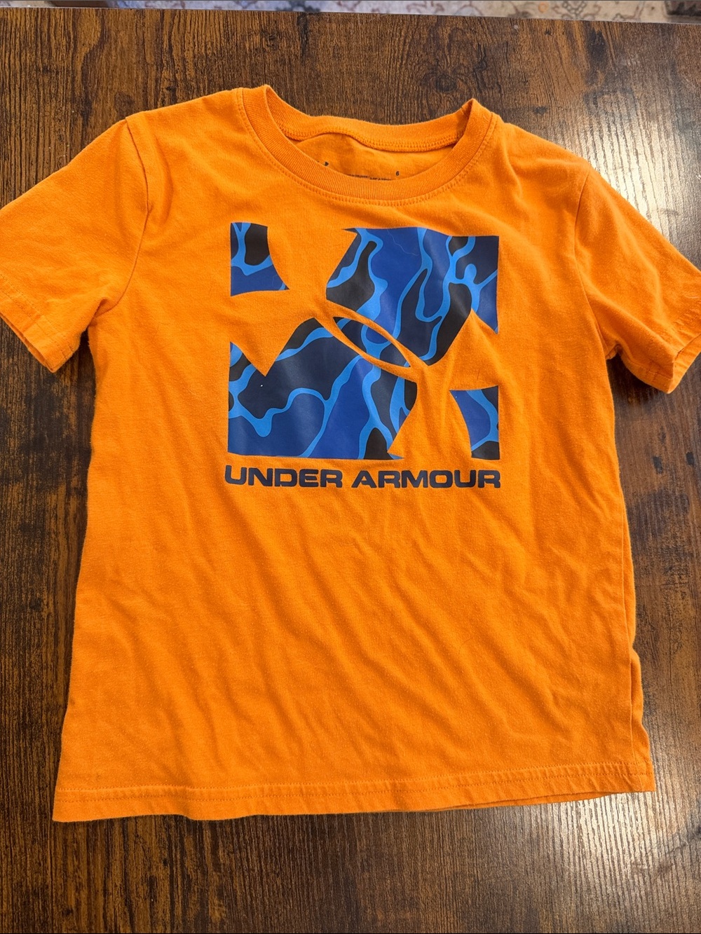 Boys Under Armour Orange Tee with Blue Camo Logo